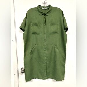 Harris Wilson green linen shirt dress L short sleeve summer Minimalist Casual